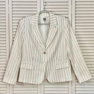 Anne Klein Blazer Jacket Women Size L White Beige Stripe